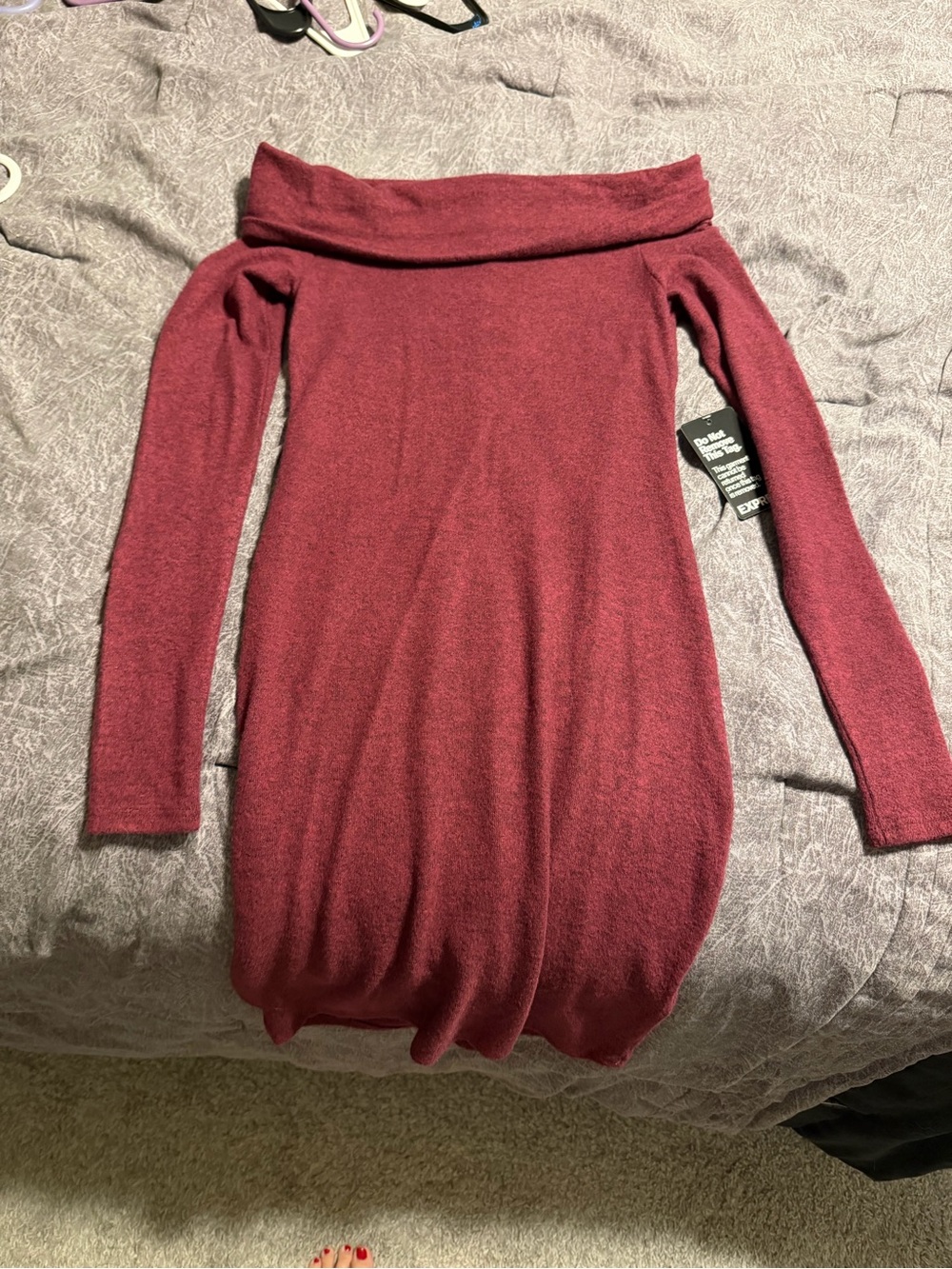 Express Off-the-Shoulder Burgundy Knit Sweater Dress